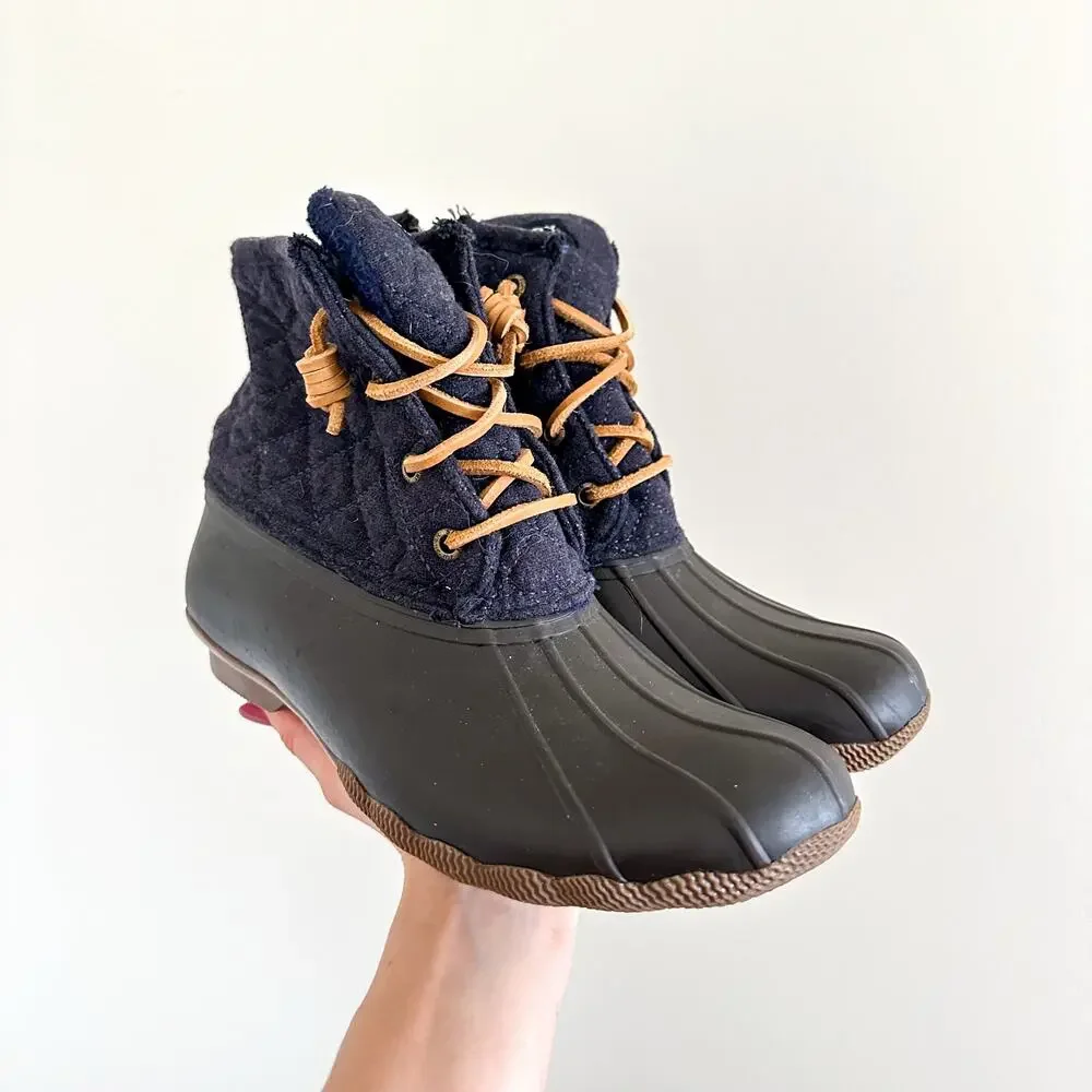 Sperry Quilted Lace Up Waterproof Rubber Duck Boots Blue 8